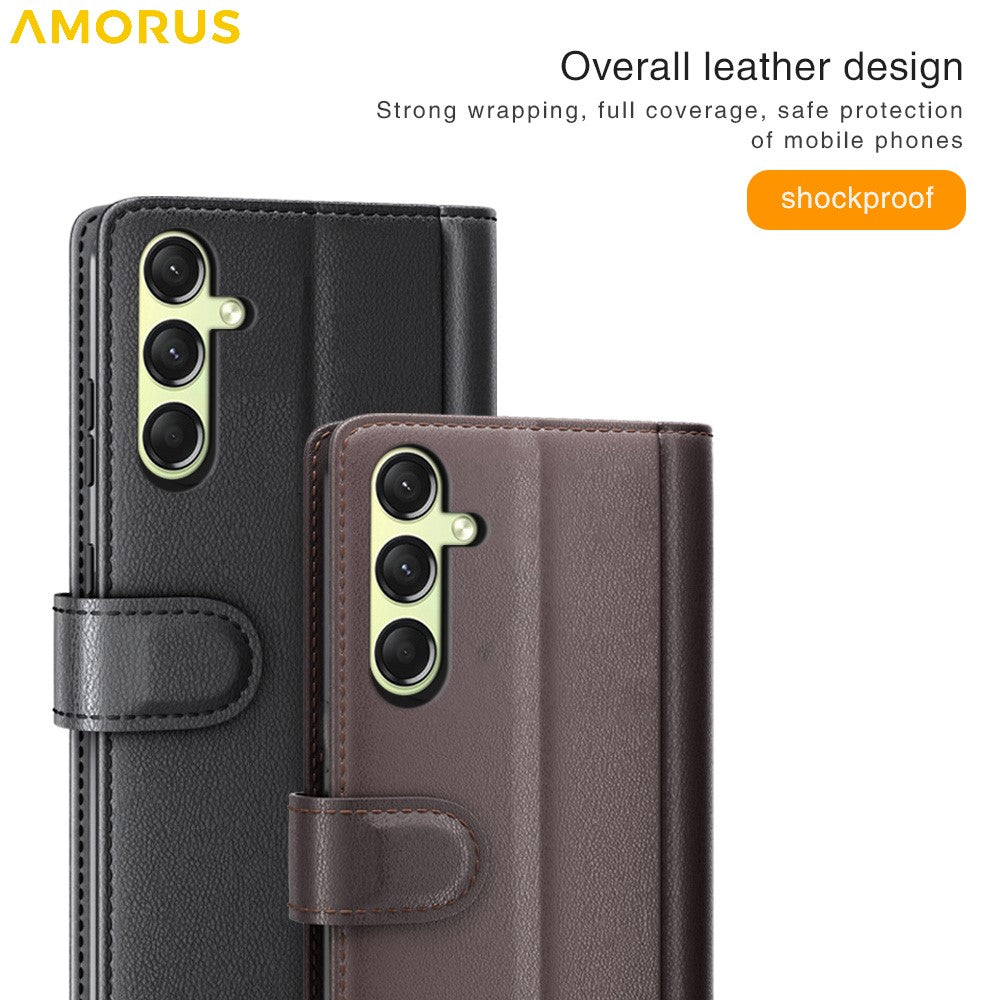AMORUS For Samsung Galaxy A16 5G / 4G Stand Cases Calf Texture Genuine Split Leather Wallet Phone Cover