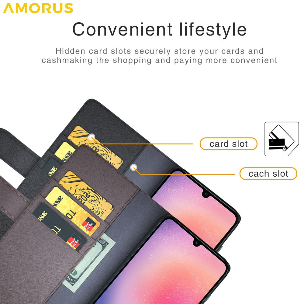 AMORUS For Samsung Galaxy A16 5G / 4G Stand Cases Calf Texture Genuine Split Leather Wallet Phone Cover