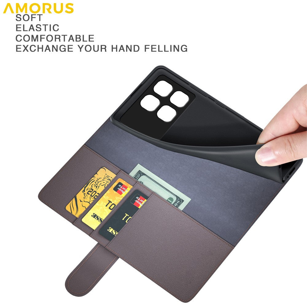 AMORUS For Xiaomi Redmi K70 Ultra Stand Cases Calf Texture Genuine Split Leather Wallet Phone Cover