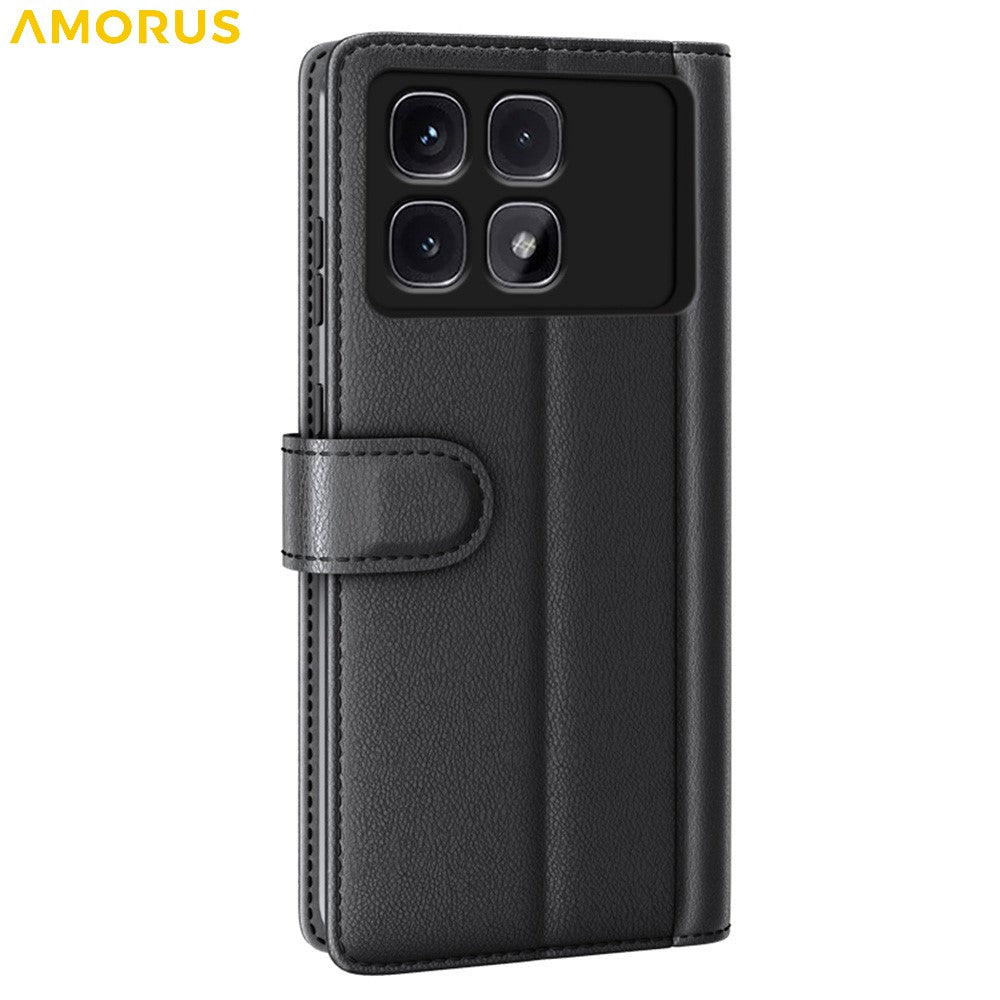 AMORUS For Xiaomi Redmi K70 Ultra Stand Cases Calf Texture Genuine Split Leather Wallet Phone Cover