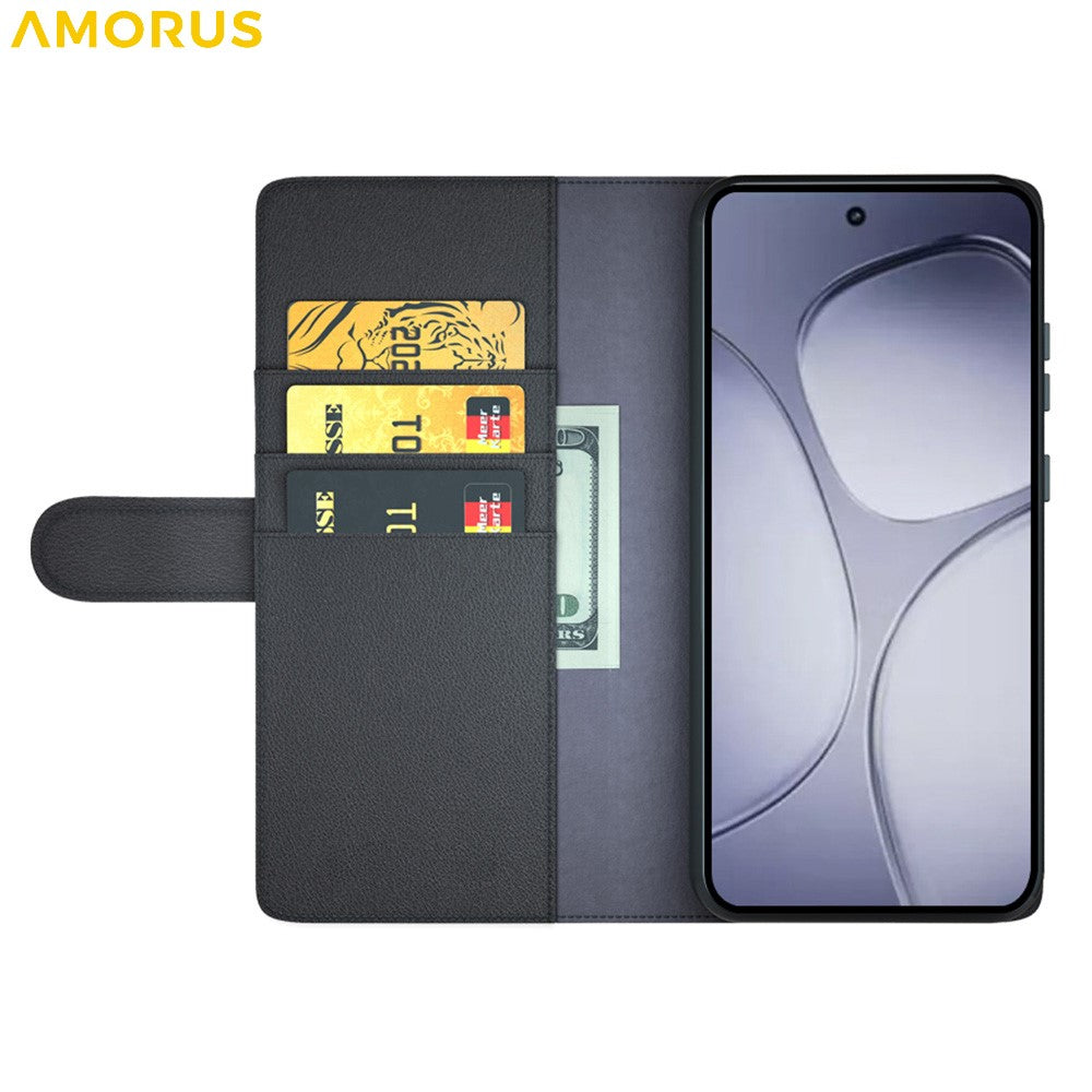 AMORUS For Xiaomi Redmi K70 Ultra Stand Cases Calf Texture Genuine Split Leather Wallet Phone Cover