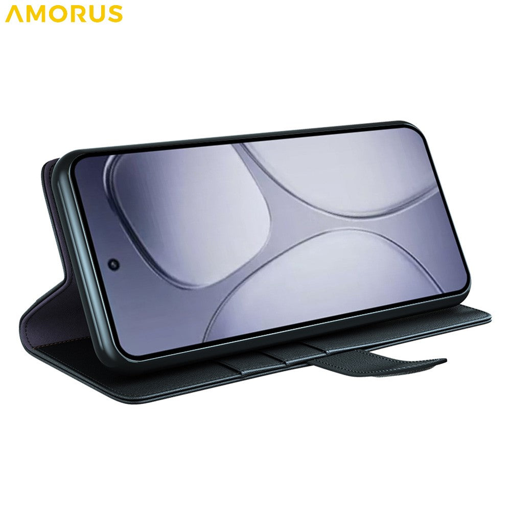 AMORUS For Xiaomi Redmi K70 Ultra Stand Cases Calf Texture Genuine Split Leather Wallet Phone Cover
