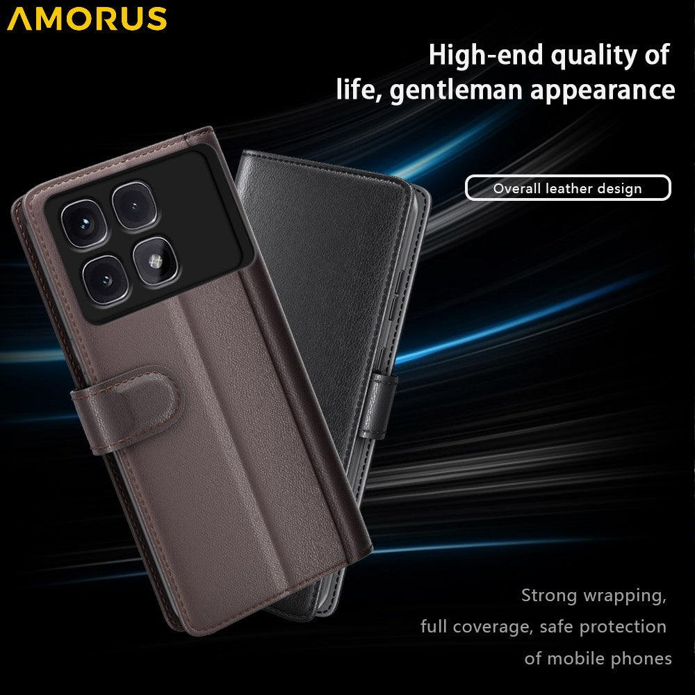 AMORUS For Xiaomi Redmi K70 Ultra Stand Cases Calf Texture Genuine Split Leather Wallet Phone Cover