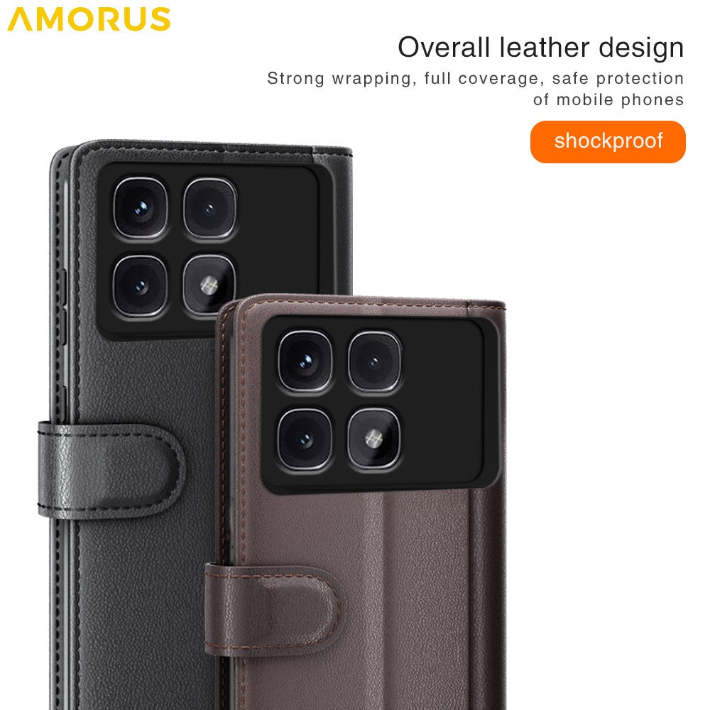 AMORUS For Xiaomi Redmi K70 Ultra Stand Cases Calf Texture Genuine Split Leather Wallet Phone Cover