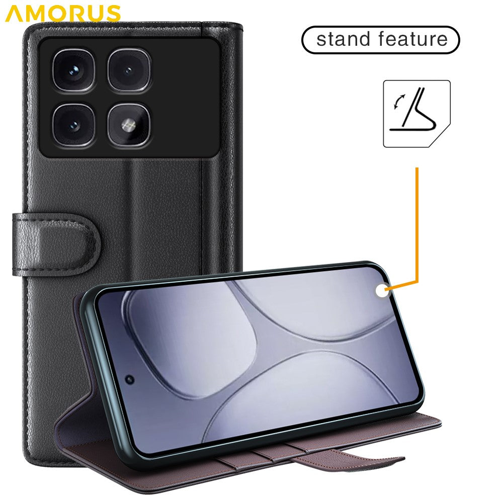 AMORUS For Xiaomi Redmi K70 Ultra Stand Cases Calf Texture Genuine Split Leather Wallet Phone Cover