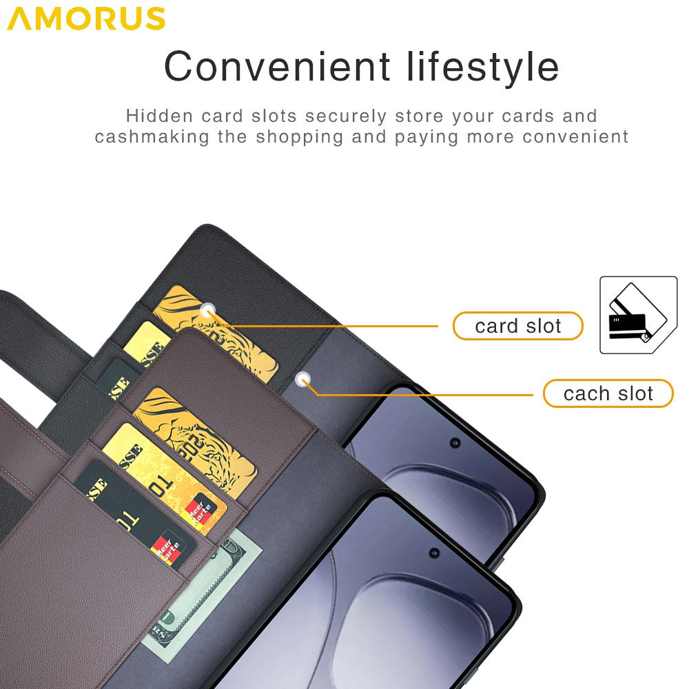 AMORUS For Xiaomi Redmi K70 Ultra Stand Cases Calf Texture Genuine Split Leather Wallet Phone Cover