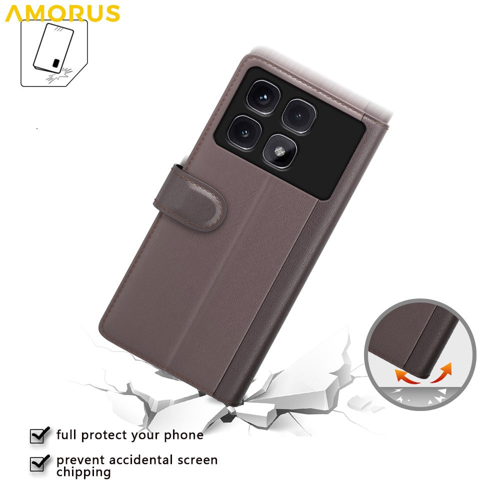 AMORUS For Xiaomi Redmi K70 Ultra Stand Cases Calf Texture Genuine Split Leather Wallet Phone Cover