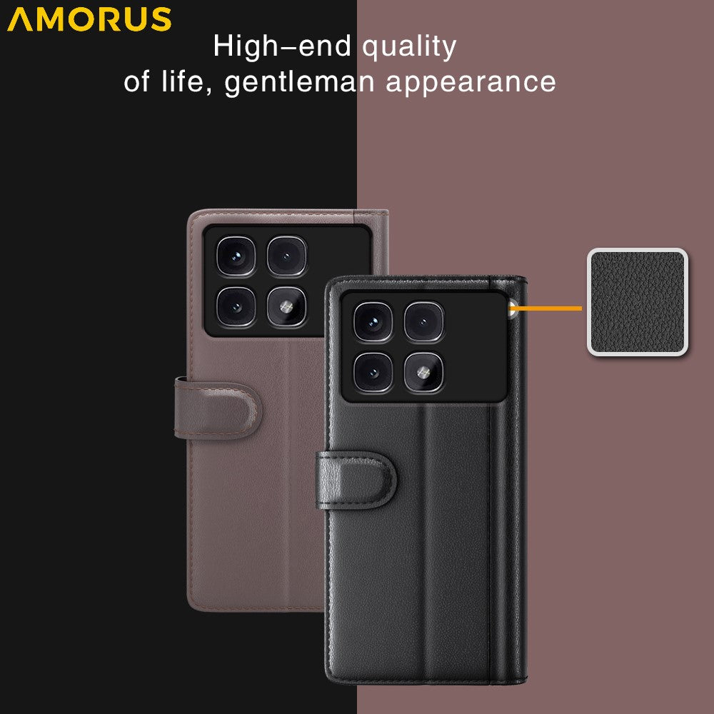 AMORUS For Xiaomi Redmi K70 Ultra Stand Cases Calf Texture Genuine Split Leather Wallet Phone Cover