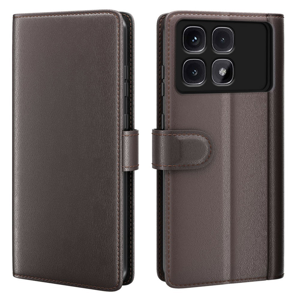 AMORUS For Xiaomi Redmi K70 Ultra Stand Cases Calf Texture Genuine Split Leather Wallet Phone Cover