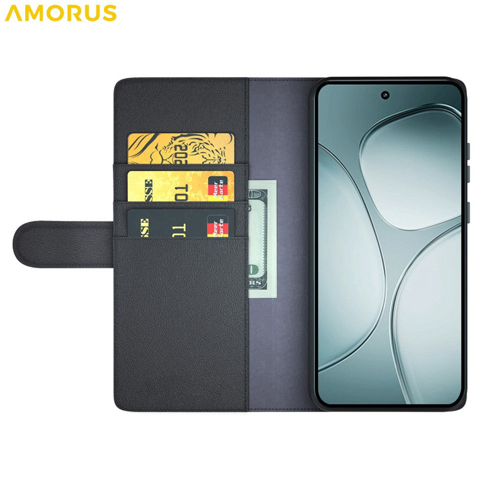 AMORUS For Xiaomi 14T Stand Cases Calf Texture Genuine Split Leather Wallet Phone Cover