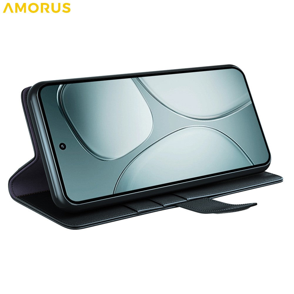 AMORUS For Xiaomi 14T Stand Cases Calf Texture Genuine Split Leather Wallet Phone Cover