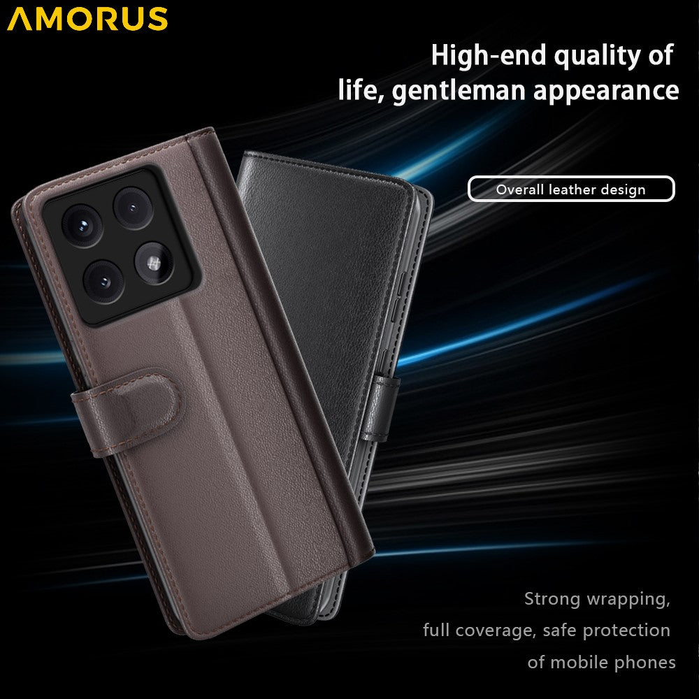 AMORUS For Xiaomi 14T Stand Cases Calf Texture Genuine Split Leather Wallet Phone Cover