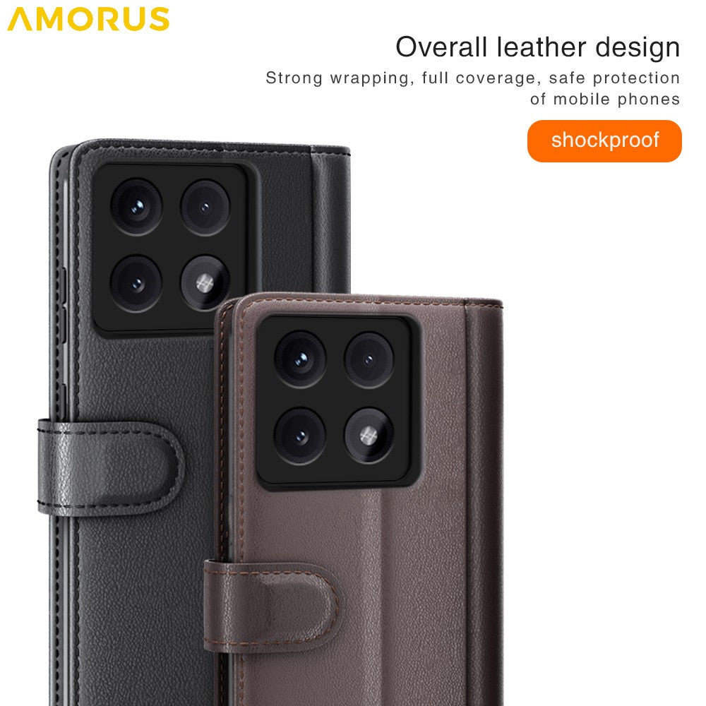 AMORUS For Xiaomi 14T Stand Cases Calf Texture Genuine Split Leather Wallet Phone Cover