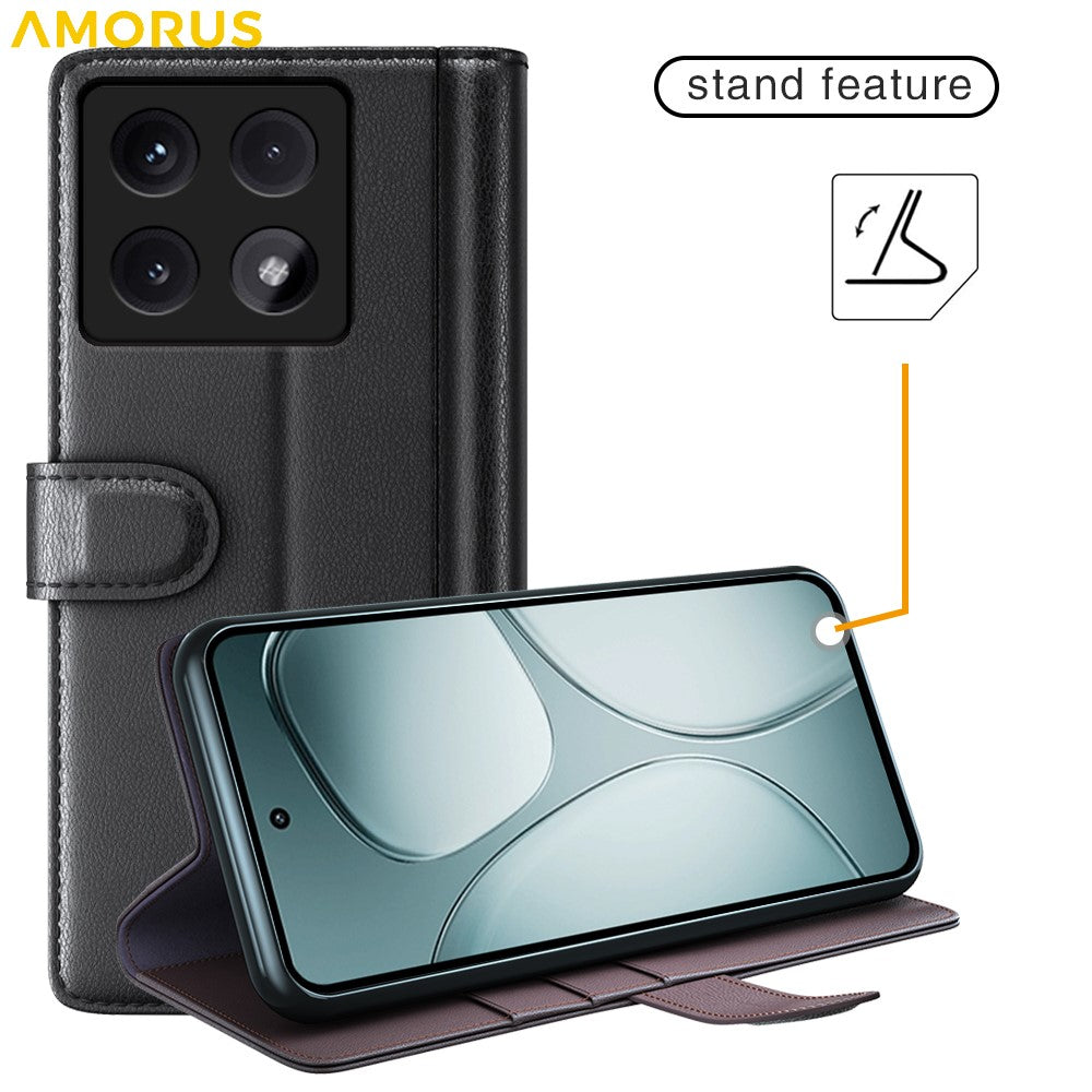 AMORUS For Xiaomi 14T Stand Cases Calf Texture Genuine Split Leather Wallet Phone Cover
