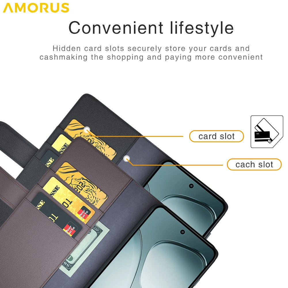AMORUS For Xiaomi 14T Stand Cases Calf Texture Genuine Split Leather Wallet Phone Cover