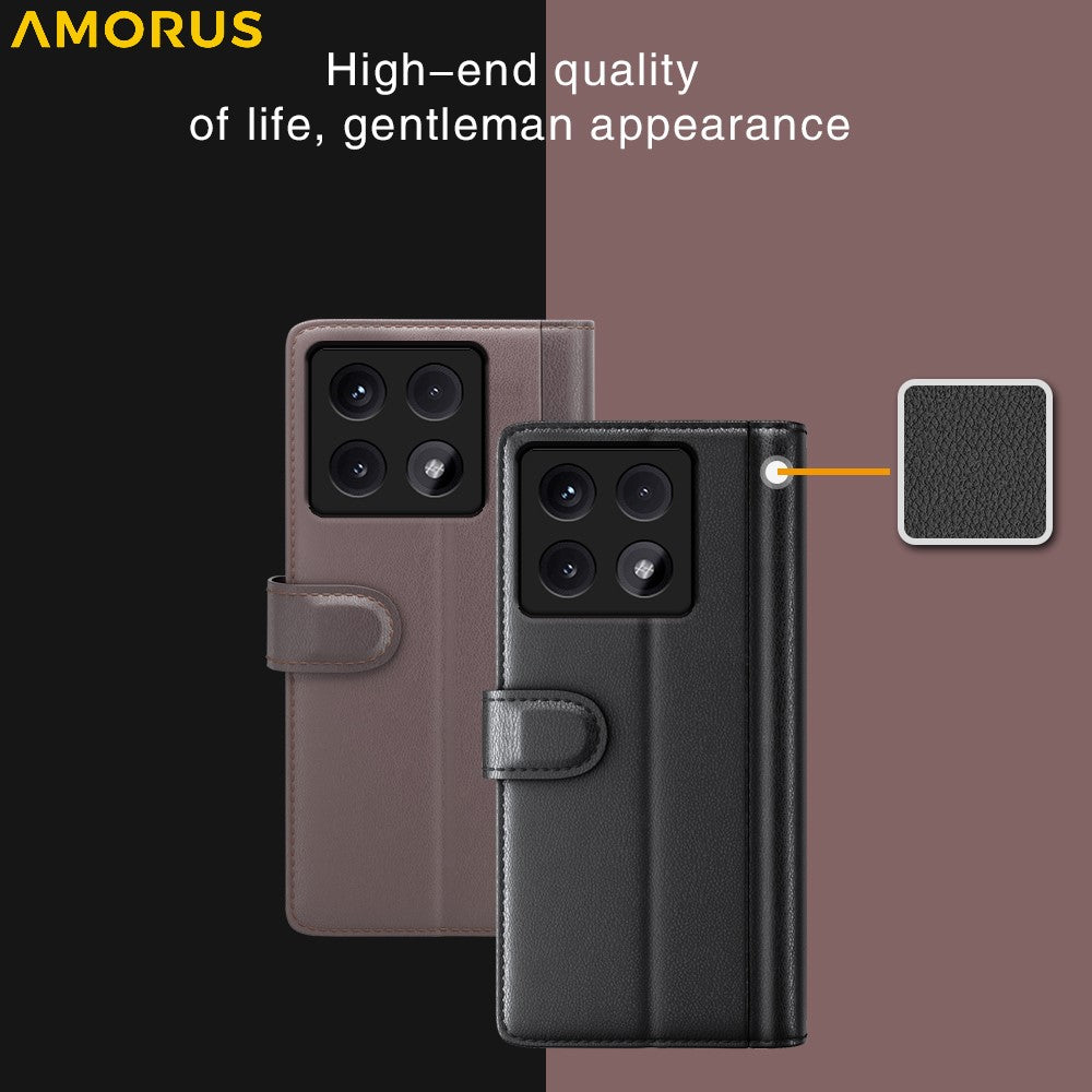 AMORUS For Xiaomi 14T Stand Cases Calf Texture Genuine Split Leather Wallet Phone Cover