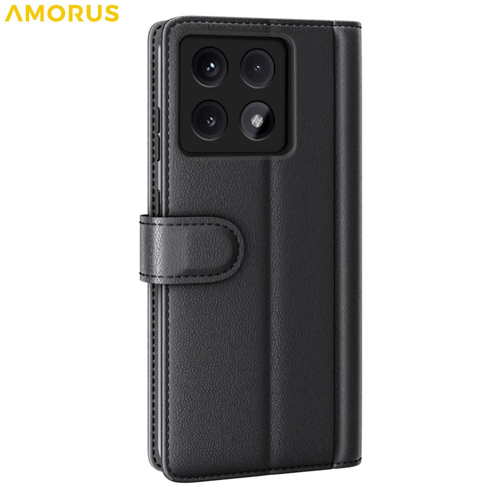 AMORUS For Xiaomi 14T Pro Stand Cases Calf Texture Genuine Split Leather Wallet Phone Cover