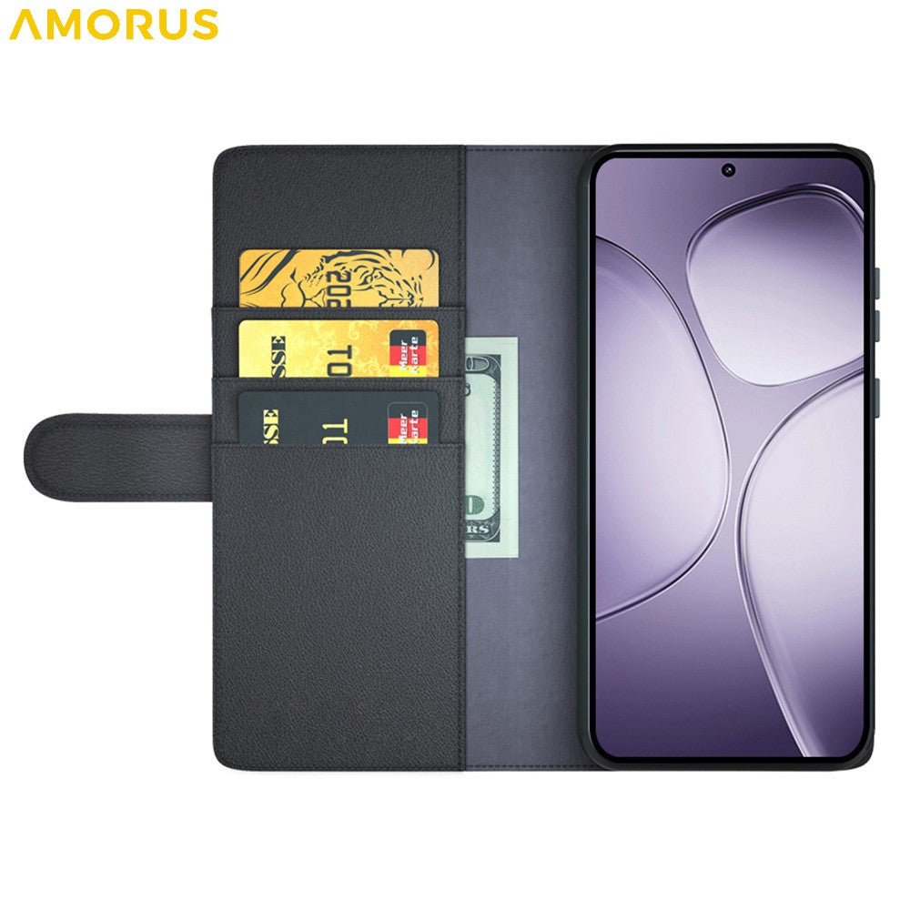 AMORUS For Xiaomi 14T Pro Stand Cases Calf Texture Genuine Split Leather Wallet Phone Cover