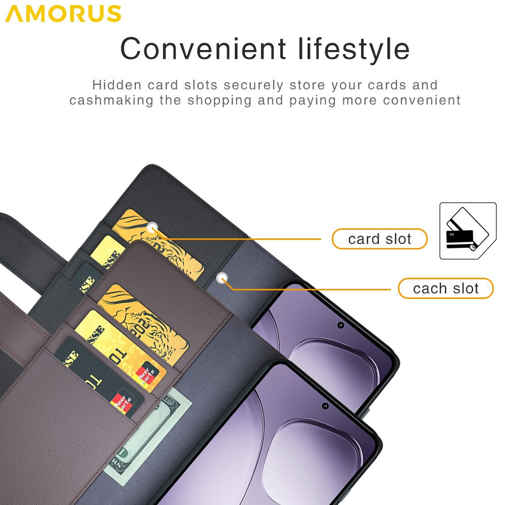 AMORUS For Xiaomi 14T Pro Stand Cases Calf Texture Genuine Split Leather Wallet Phone Cover