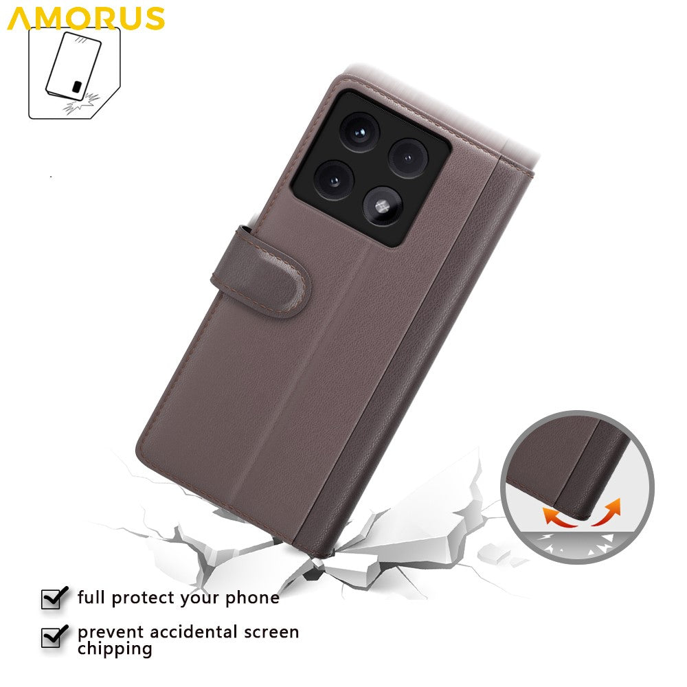 AMORUS For Xiaomi 14T Pro Stand Cases Calf Texture Genuine Split Leather Wallet Phone Cover