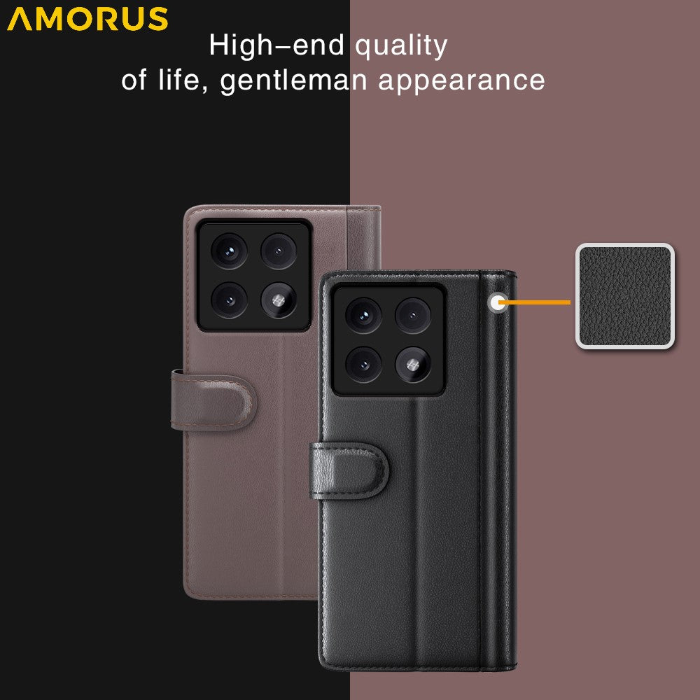 AMORUS For Xiaomi 14T Pro Stand Cases Calf Texture Genuine Split Leather Wallet Phone Cover