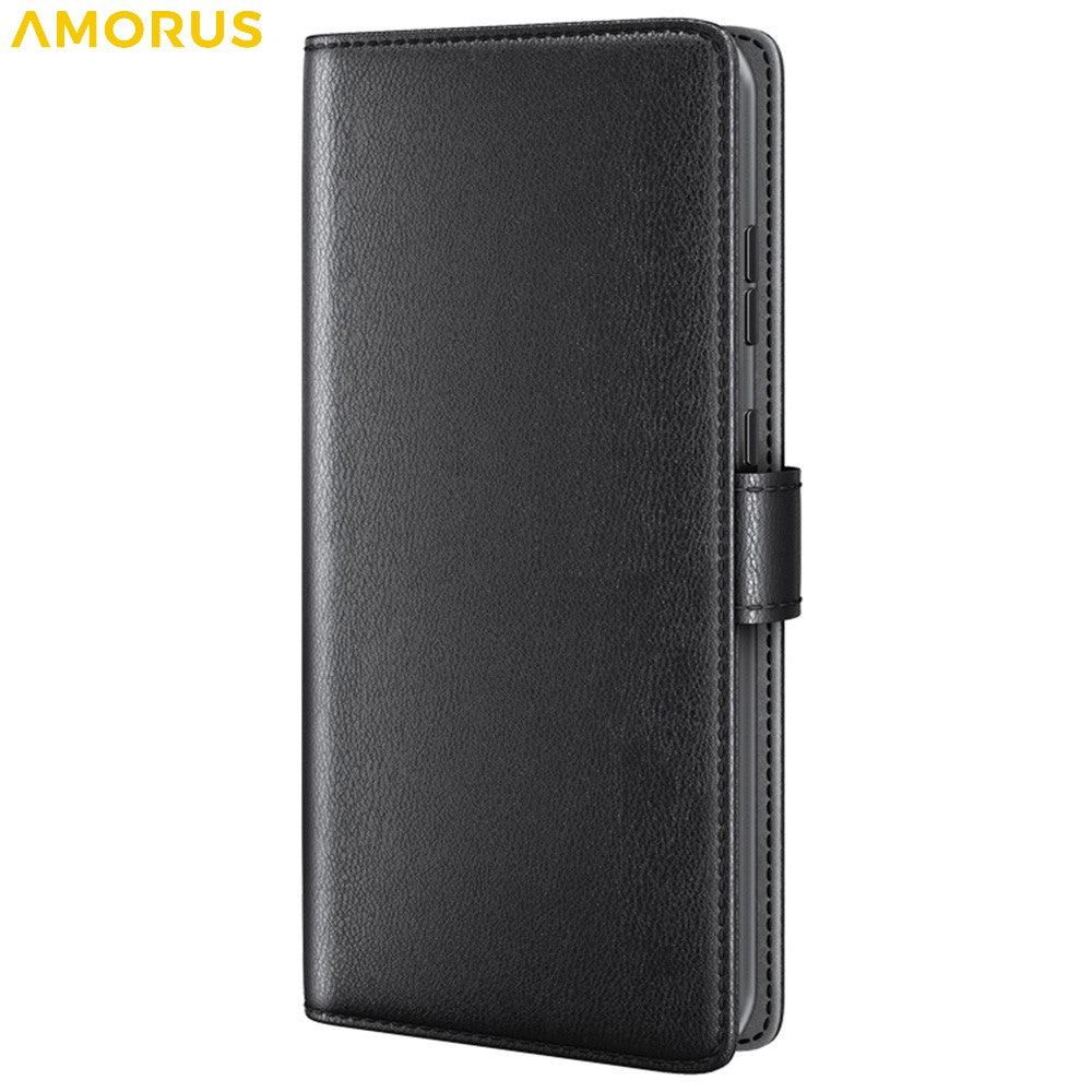 AMORUS For Samsung Galaxy S24 FE Stand Cases Calf Texture Genuine Split Leather Wallet Phone Cover