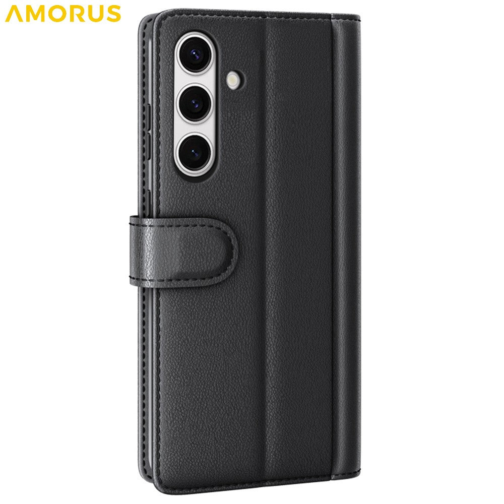 AMORUS For Samsung Galaxy S24 FE Stand Cases Calf Texture Genuine Split Leather Wallet Phone Cover