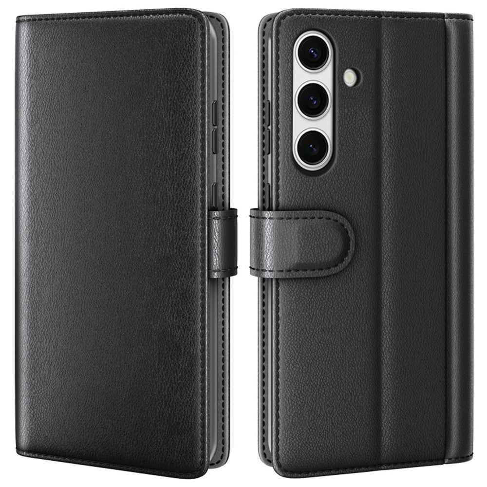 AMORUS For Samsung Galaxy S24 FE Stand Cases Calf Texture Genuine Split Leather Wallet Phone Cover