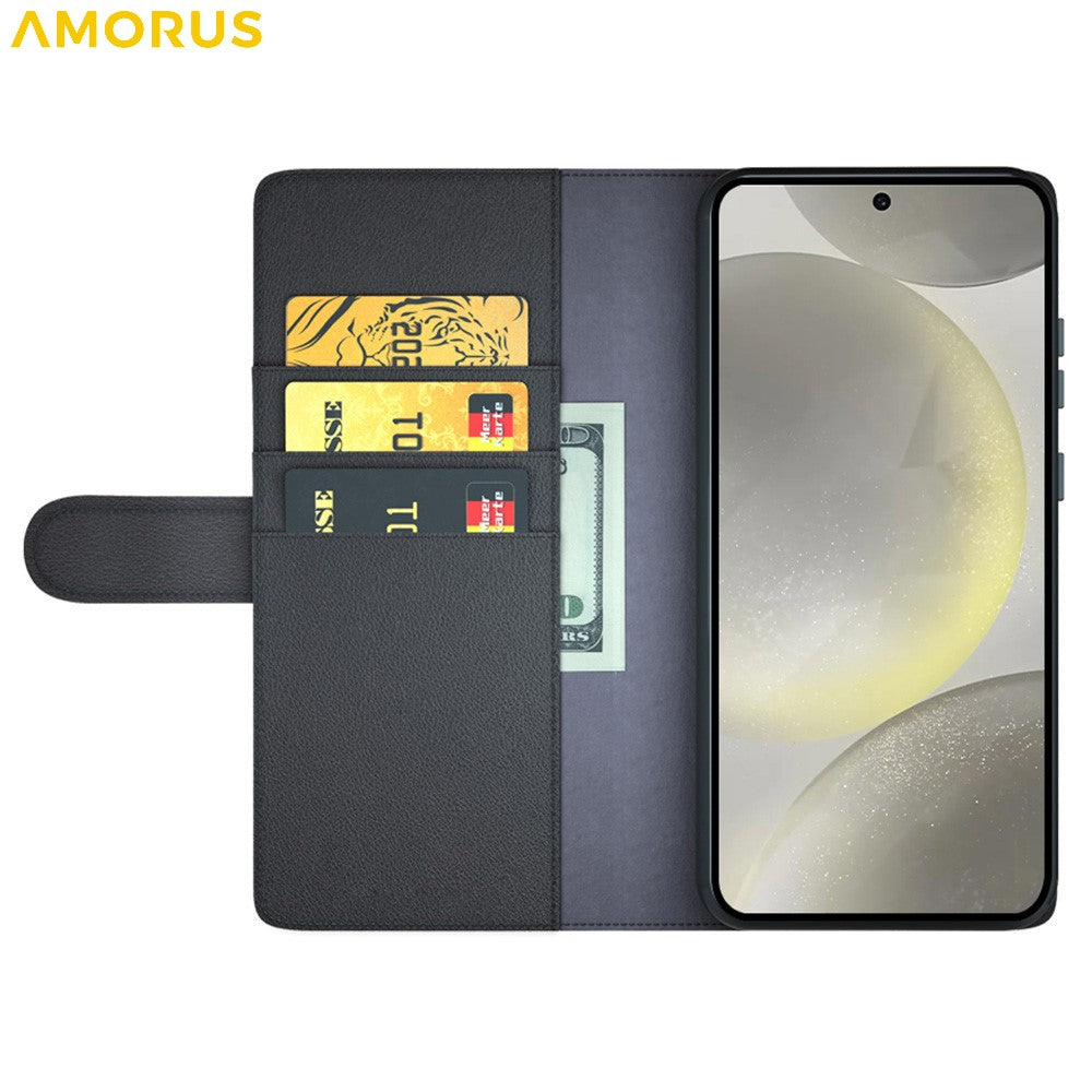 AMORUS For Samsung Galaxy S24 FE Stand Cases Calf Texture Genuine Split Leather Wallet Phone Cover