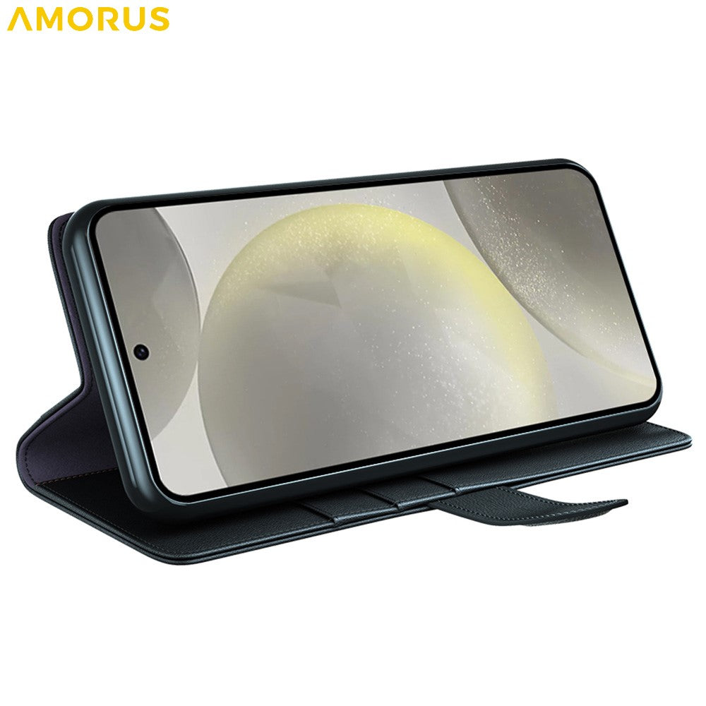 AMORUS For Samsung Galaxy S24 FE Stand Cases Calf Texture Genuine Split Leather Wallet Phone Cover