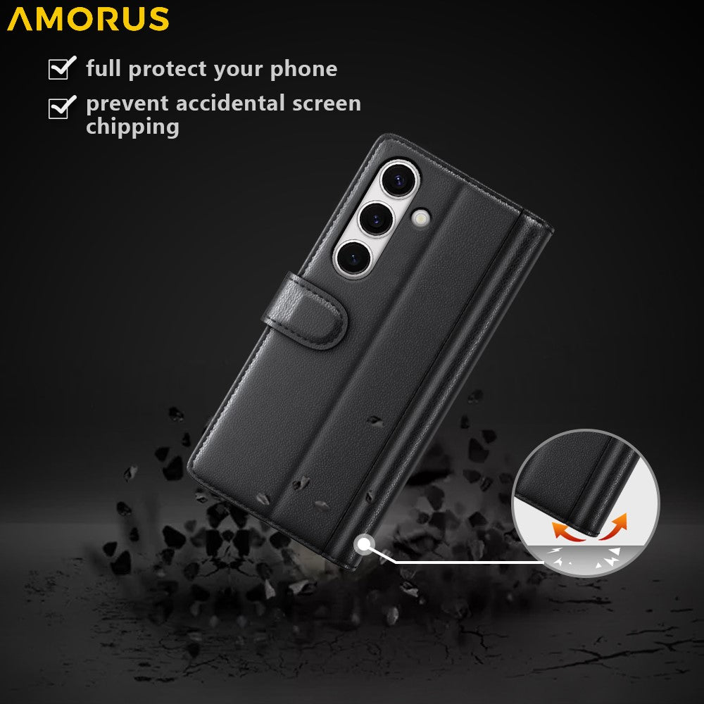 AMORUS For Samsung Galaxy S24 FE Stand Cases Calf Texture Genuine Split Leather Wallet Phone Cover
