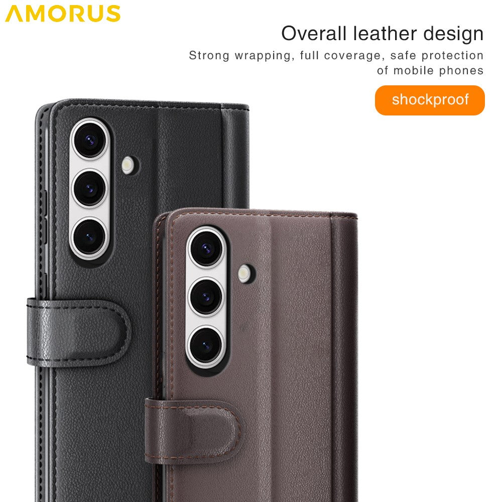 AMORUS For Samsung Galaxy S24 FE Stand Cases Calf Texture Genuine Split Leather Wallet Phone Cover