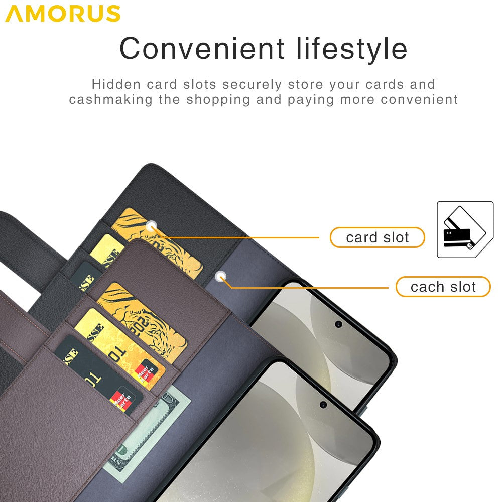 AMORUS For Samsung Galaxy S24 FE Stand Cases Calf Texture Genuine Split Leather Wallet Phone Cover