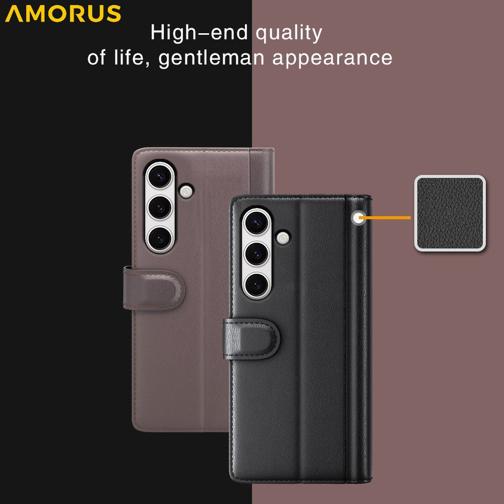 AMORUS For Samsung Galaxy S24 FE Stand Cases Calf Texture Genuine Split Leather Wallet Phone Cover