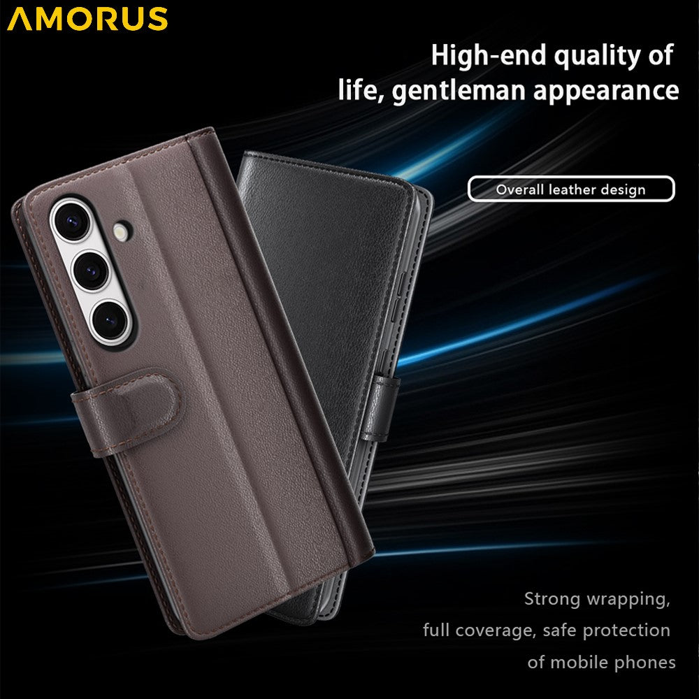 AMORUS For Samsung Galaxy S24 FE Stand Cases Calf Texture Genuine Split Leather Wallet Phone Cover