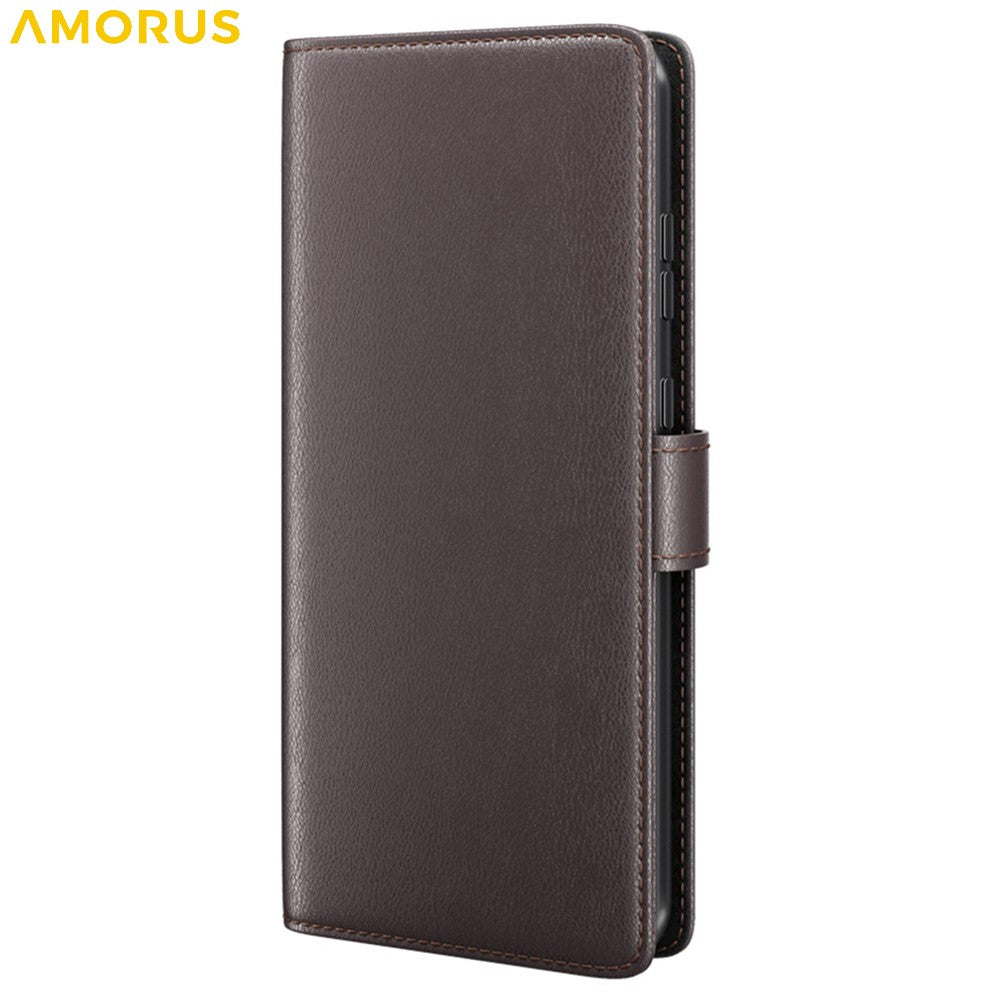AMORUS For Motorola Moto G55 5G Stand Cases Calf Texture Genuine Split Leather Wallet Phone Cover