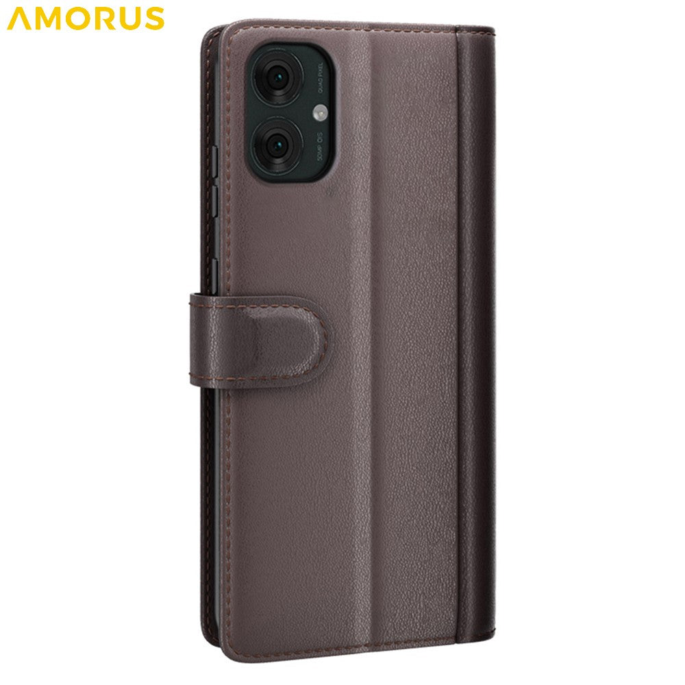 AMORUS For Motorola Moto G55 5G Stand Cases Calf Texture Genuine Split Leather Wallet Phone Cover