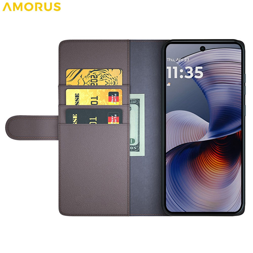 AMORUS For Motorola Moto G55 5G Stand Cases Calf Texture Genuine Split Leather Wallet Phone Cover
