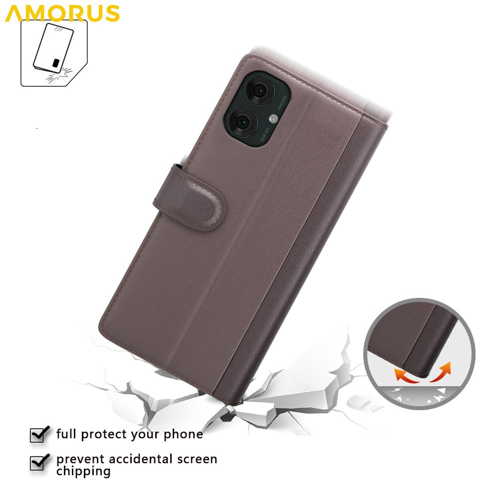 AMORUS For Motorola Moto G55 5G Stand Cases Calf Texture Genuine Split Leather Wallet Phone Cover