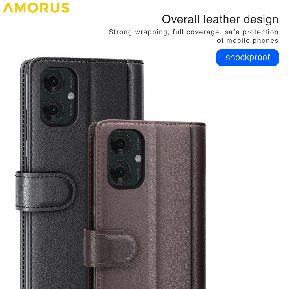 AMORUS For Motorola Moto G55 5G Stand Cases Calf Texture Genuine Split Leather Wallet Phone Cover