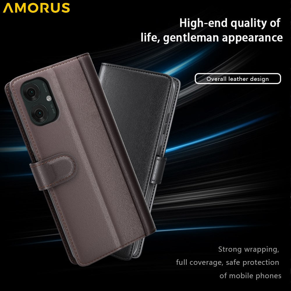 AMORUS For Motorola Moto G55 5G Stand Cases Calf Texture Genuine Split Leather Wallet Phone Cover