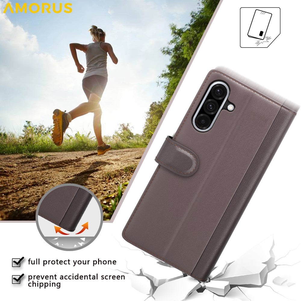 AMORUS For Samsung Galaxy A36 5G / A56 5G Stand Cases Calf Texture Genuine Split Leather Wallet Phone Cover