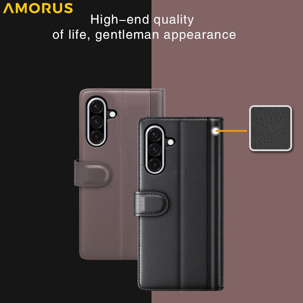 AMORUS For Samsung Galaxy A36 5G / A56 5G Stand Cases Calf Texture Genuine Split Leather Wallet Phone Cover