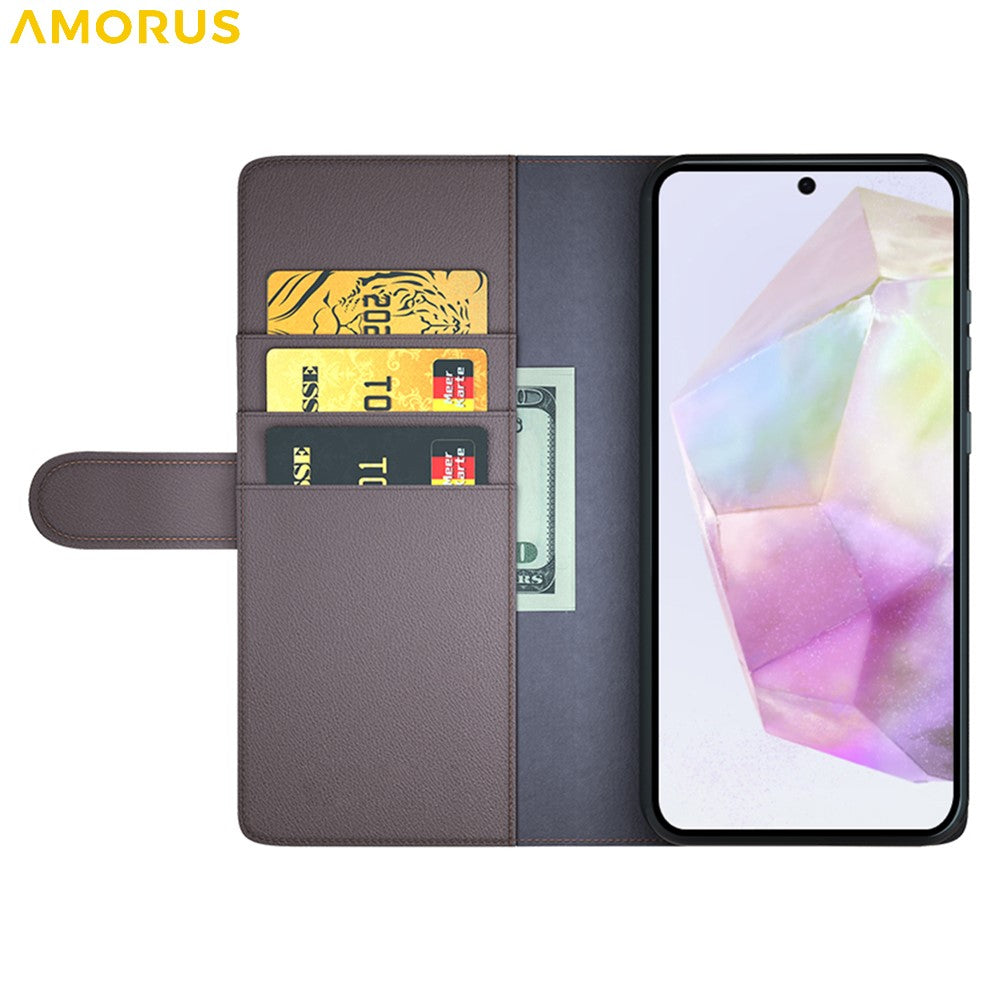 AMORUS For Samsung Galaxy A36 5G / A56 5G Stand Cases Calf Texture Genuine Split Leather Wallet Phone Cover