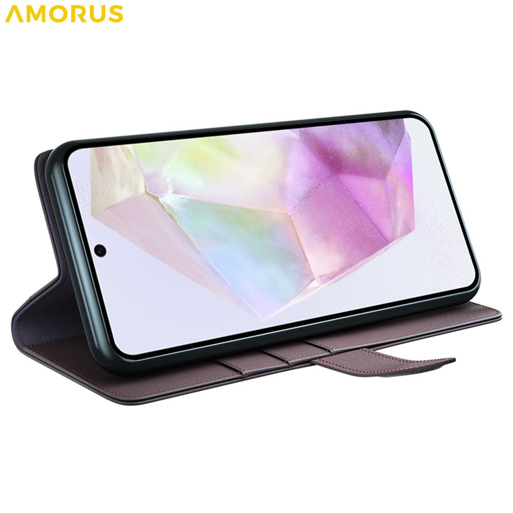 AMORUS For Samsung Galaxy A36 5G / A56 5G Stand Cases Calf Texture Genuine Split Leather Wallet Phone Cover