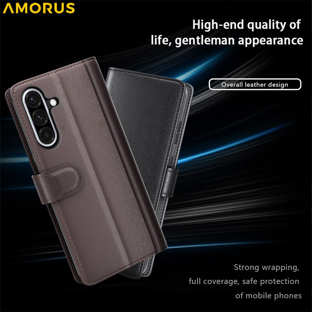 AMORUS For Samsung Galaxy A36 5G / A56 5G Stand Cases Calf Texture Genuine Split Leather Wallet Phone Cover