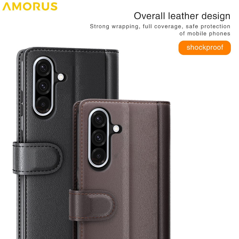 AMORUS For Samsung Galaxy A36 5G / A56 5G Stand Cases Calf Texture Genuine Split Leather Wallet Phone Cover