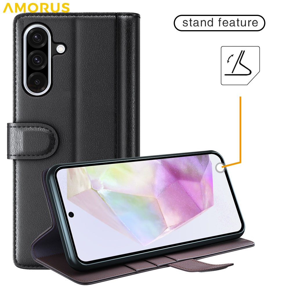 AMORUS For Samsung Galaxy A36 5G / A56 5G Stand Cases Calf Texture Genuine Split Leather Wallet Phone Cover