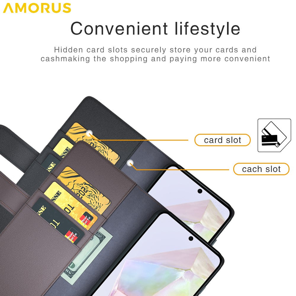 AMORUS For Samsung Galaxy A36 5G / A56 5G Stand Cases Calf Texture Genuine Split Leather Wallet Phone Cover