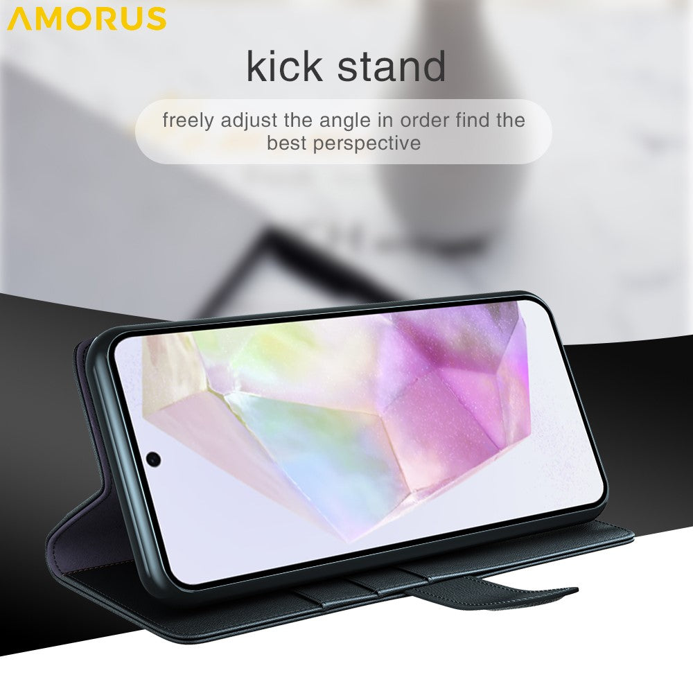 AMORUS For Samsung Galaxy A36 5G / A56 5G Stand Cases Calf Texture Genuine Split Leather Wallet Phone Cover
